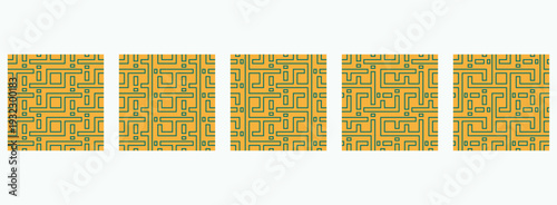 Minimal line-based truchet tile set with structured square flow. Seamless vector patterns great for modern wallpaper, stationery, fabric prints, and packaging design.