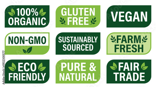 Collection of green food product labels for organic vegan gluten free and sustainable claims