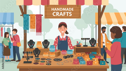 Illustration of a craft fair with various vendors and shoppers
