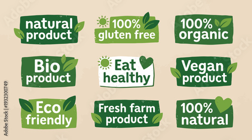 Healthy Food and Natural Product Labels Collection Organic Vegan Gluten Free