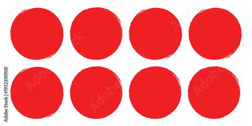 Eight red solid circles with brush stroke texture on white background, artistic round shape elements