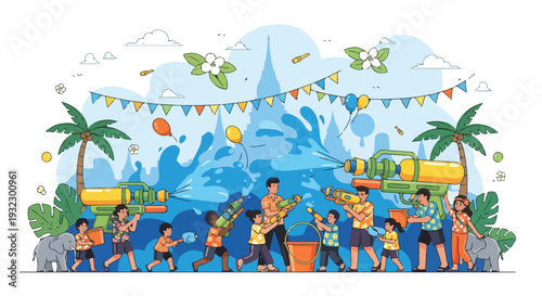 Illustration of a water gun fight during a festive outdoor celebration