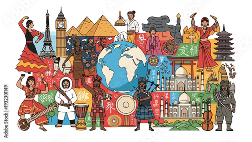 Illustration of global cultures, landmarks, and diverse traditional attire