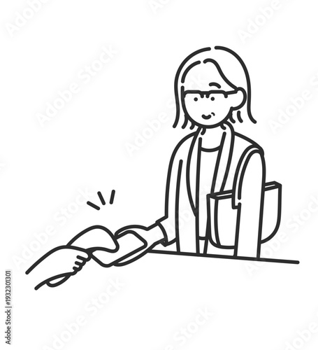 スマートフォンでキャッシュレス決済をする40代ビジネスウーマンのイラスト　線画のみ