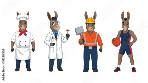 Cartoon Donkey Characters in Diverse Professions Collection: Chef, Scientist, Worker, and Athlete