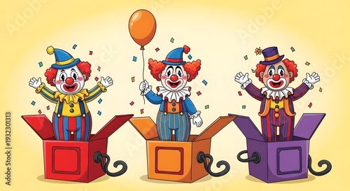 Картината върху платно Three clowns popping out of colorful jack in the boxes with confetti