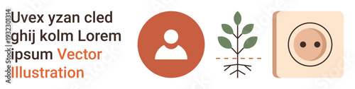 Business development, environmental sustainability, user connection, social growth, innovation, minimalist design. Graphic icons of person, seedling and face. Business development and environmental
