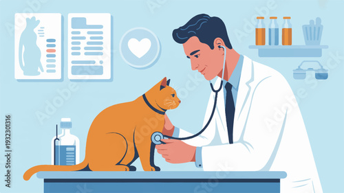 Veterinarian examining orange cat with stethoscope on blue table in clinic