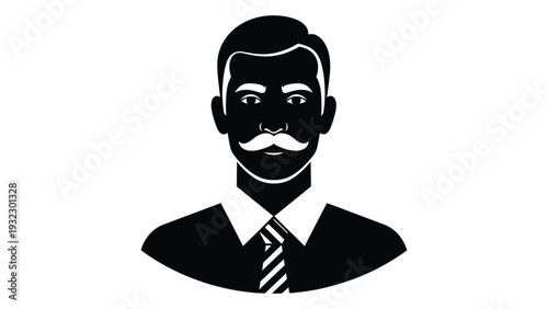 A black and white icon of a man with a mustache isolated on white background, Vector