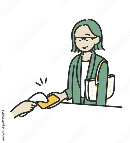 スマートフォンでキャッシュレス決済をする40代ビジネスウーマンのイラスト