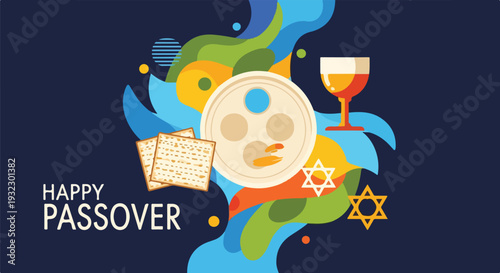 Illustration of Passover with Matzah, wine, symbols, and text on a dark background