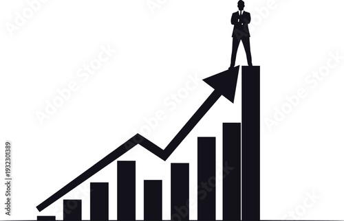 Business professional silhouette on bar chart with upward arrow, career success and corporate growth theme, flat vector illustration