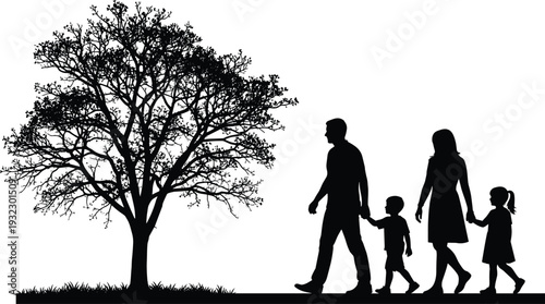 Silhouette of family walking together beside large leafless tree, black and white vector illustration symbolizing unity, caregiving, nature, seasons, and family life concepts