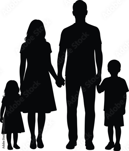 Silhouette of nuclear family with parents and children holding hands, black and white vector illustration symbolizing unity, caregiving, parenting, love, and family life concepts