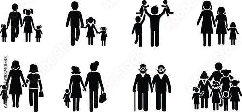 Silhouette set of diverse family structures, black and white vector illustration symbolizing inclusivity, caregiving, parenting, generational bonds, and modern family life concepts