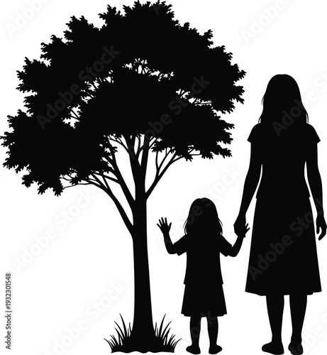 Silhouette of parent and child standing beside tree, black and white vector illustration symbolizing unity, caregiving, family bonding, nature, growth, and life concepts