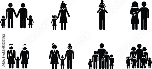 Silhouette set of diverse family icons, black and white vector illustration symbolizing inclusivity, caregiving, parenting, relationships, and modern family life concepts