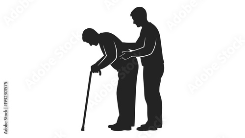 A man helping an elderly person with a walking stick isolated on white background, Vector