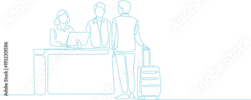 Reception desk scene with guests, suitcase, staff, continuous line flat vector