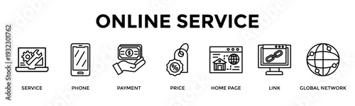 Online Service Banner Web Icon Set Collection Pack Vector Illustration Concept For Service, Phone, Payment, Price, Home Page, Link, Global Network