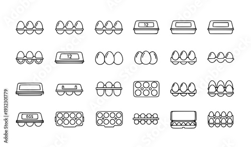 Egg Packaging Outline Icon Set – White and Brown Egg Cartons Vector Collection
