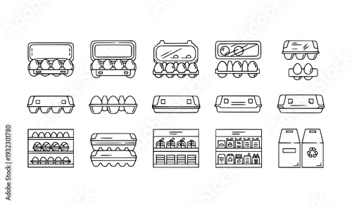 Modern Egg Carton Outline Icons – Open and Closed Egg Package Vector Pack