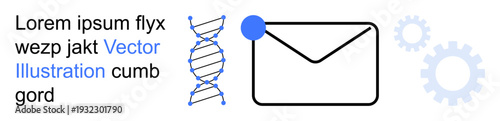 Biotechnology, genetics, communication, technology development, data sharing, innovation. DNA strand, envelope and gear icons. Biotechnology and communication