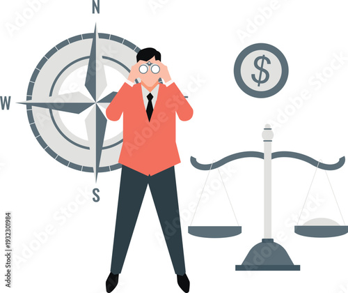 Boy looking at compass on binoculars.