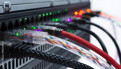 Obraz na płótnie Multiple colorful ethernet cables plugged into a network switch with green lights