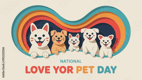 Diverse group of happy dogs celebrate national love your pet day with colorful rainbow background