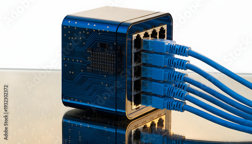 Obraz na płótnie Blue ethernet cables plugged into a small network switch on reflective surface