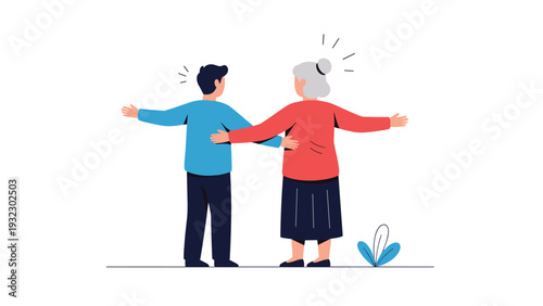 Heartwarming illustration of a young boy and his grandmother embracing each other showing love and strong family bonds across generations.