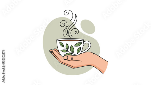 Human hand carefully holding a steaming cup of tea decorated with green leaves representing a moment of peace, relaxation, and mindfulness.