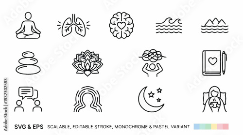Set of simple line icons representing wellness and spirituality.