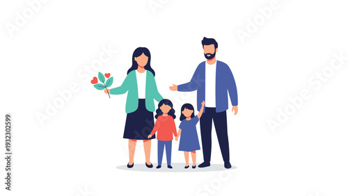 Minimalist illustration of a happy family consisting of a father, mother holding flowers, and two young daughters standing together as a group.