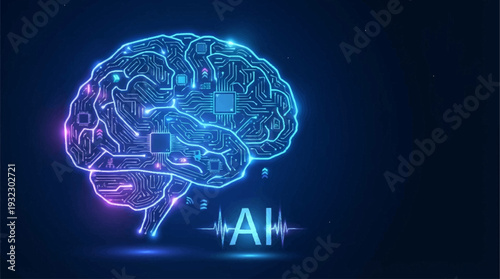Digital illustration of a human brain with AI theme.