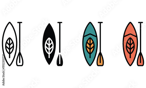 Set of four canoe logos in different colors on a white background showcasing a minimalist design with a leaf and paddle perfect for outdoor adventure branding and eco-friendly business identity.