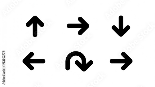 A Set of Six Black Arrow Icons Featuring Up, Right, Down, Left, and U Turn Navigation Symbols