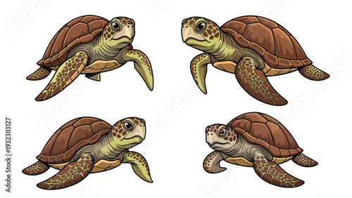 Vector Set of Four Cartoon Sea Turtles. Cute Marine Reptiles in Different Poses, Isolated on White Background