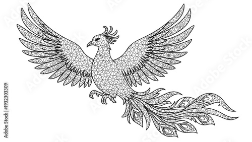 Detailed illustration of a mythical bird with outstretched wings and a long feathered tail on a white background.