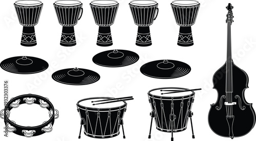 Traditional percussion instruments silhouette set, djembe drums cymbals tambourine and double bass illustration, black musical instrument icons isolated on white background
