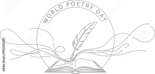 Elegant continuous line art illustration celebrating World Poetry Day with an open book and a classic quill pen writing on its pages.