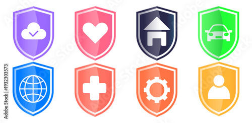 Set of Insurance Symbols Featuring Shields on white background. Protection.  Vector illustrations