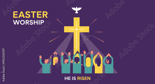 Easter Christian Worship Poster Flat Vector Illustration