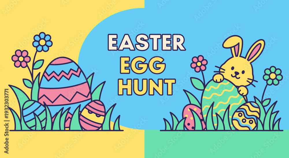 Fototapeta premium Festive Easter Egg Hunt Banner Vector Flat Illustration