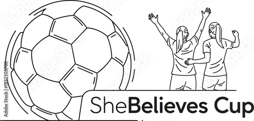 Minimalist line art logo design featuring celebrating female soccer players and a dynamic football beside the SheBelieves Cup text