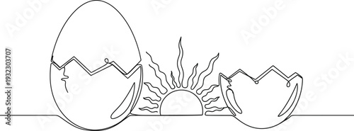 Minimalist single line drawing illustrates the concept of new beginnings symbolized by a cracked egg and rising sun