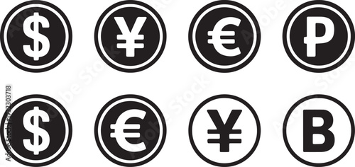 Dollar, Euro & Yen Icon Set – Currency Symbols for Money, Payment, Banking & Financial Illustration