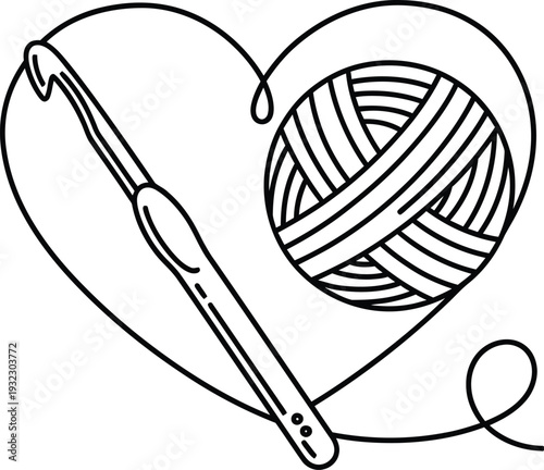 Simple line art illustration representing a deep love for crocheting featuring a yarn ball and hook inside a heart shape