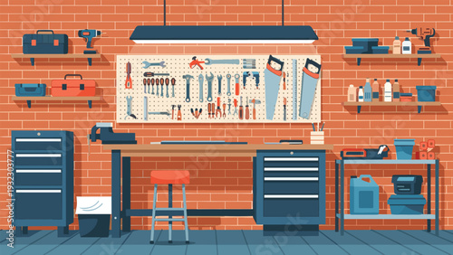 Organized home workshop with a wooden workbench, a pegboard filled with tools, and shelves containing various equipment and supplies.